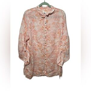 Sigrid Olsen 100% Linen Floral Print Long Sleeve Tunic Button Front‎ Top Size 1X